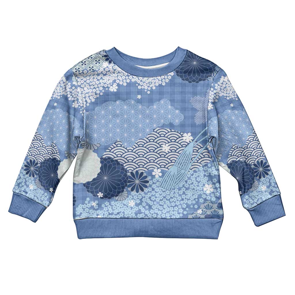 Blue Palaka Japanese Patterns Kid Ugly Christmas Sweater Asanoha Seigaiha Sakura Motif - Polynesian Pride