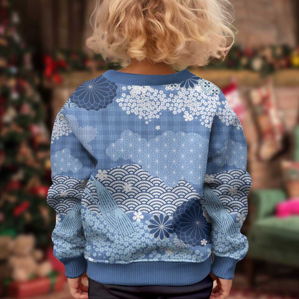 Blue Palaka Japanese Patterns Kid Ugly Christmas Sweater Asanoha Seigaiha Sakura Motif - Polynesian Pride