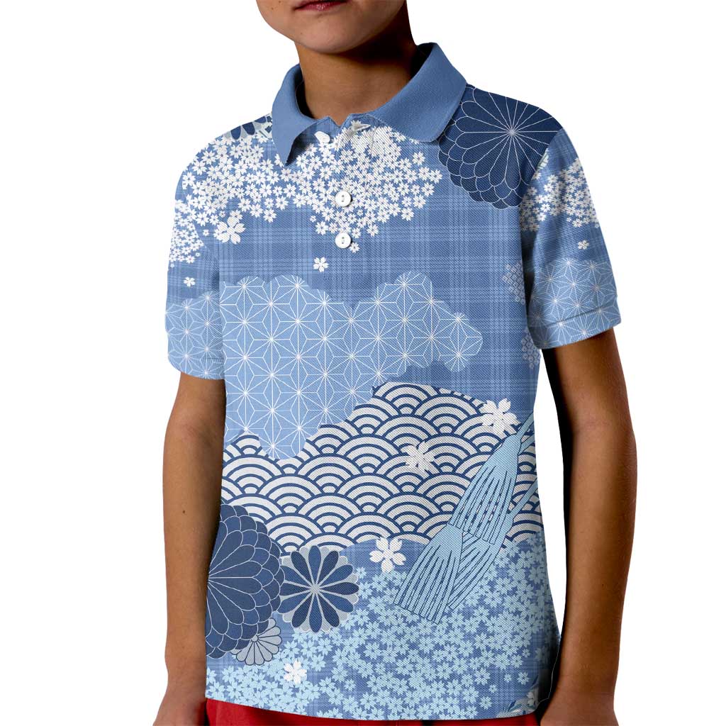 Blue Palaka Japanese Patterns Kid Polo Shirt Asanoha Seigaiha Sakura Motif - Polynesian Pride