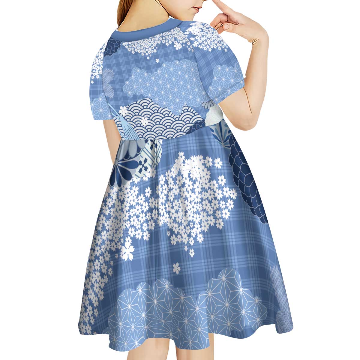 Blue Palaka Japanese Patterns Kid Short Sleeve Dress Asanoha Seigaiha Sakura Motif - Polynesian Pride