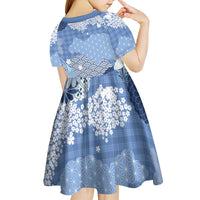 Blue Palaka Japanese Patterns Kid Short Sleeve Dress Asanoha Seigaiha Sakura Motif - Polynesian Pride