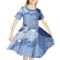 Blue Palaka Japanese Patterns Kid Short Sleeve Dress Asanoha Seigaiha Sakura Motif - Polynesian Pride
