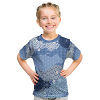Blue Palaka Japanese Patterns Kid T Shirt Asanoha Seigaiha Sakura Motif - Polynesian Pride
