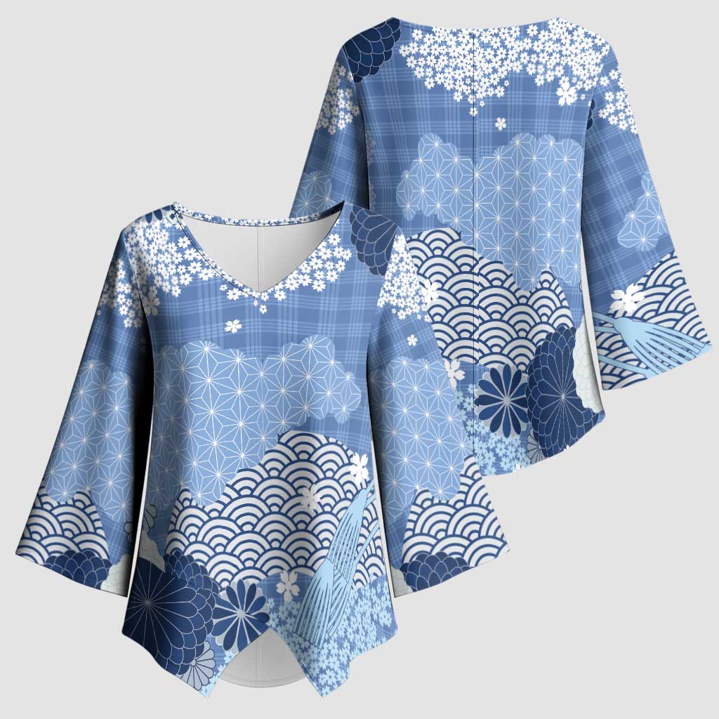 Blue Palaka Japanese Patterns Kimono Sleeve Blouse Asanoha Seigaiha Sakura Motif - Polynesian Pride