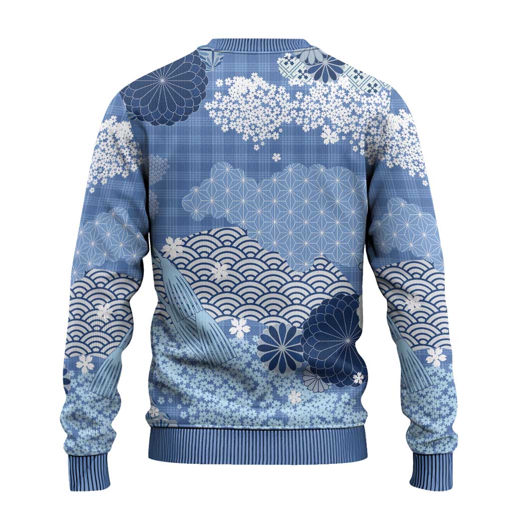 Blue Palaka Japanese Patterns Ugly Christmas Sweater Asanoha Seigaiha Sakura Motif - Polynesian Pride