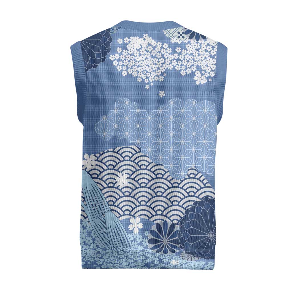 Blue Palaka Japanese Patterns Christmas Knitted V-Neck Vest Asanoha Seigaiha Sakura Motif - Polynesian Pride