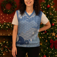 Blue Palaka Japanese Patterns Christmas Knitted V-Neck Vest Asanoha Seigaiha Sakura Motif - Polynesian Pride