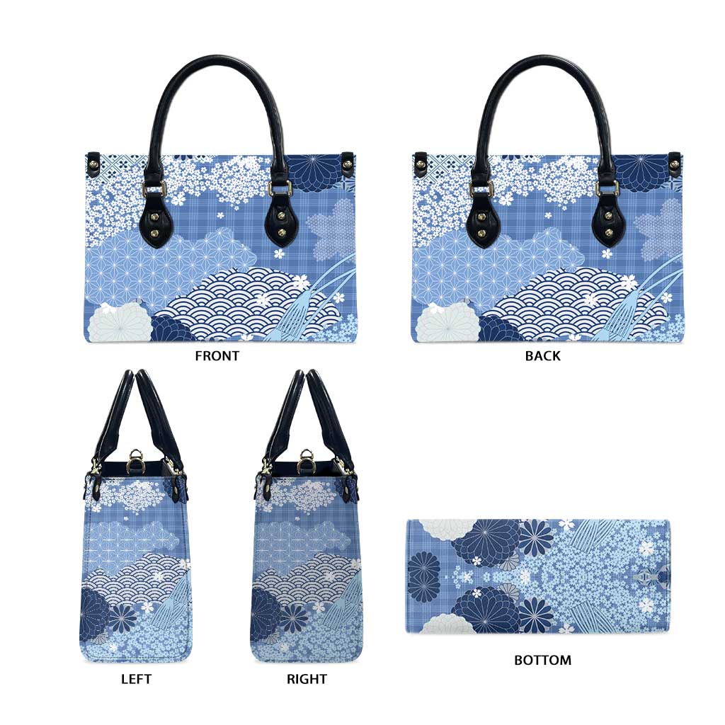 Blue Palaka Japanese Patterns Leather Bag Asanoha Seigaiha Sakura Motif - Polynesian Pride