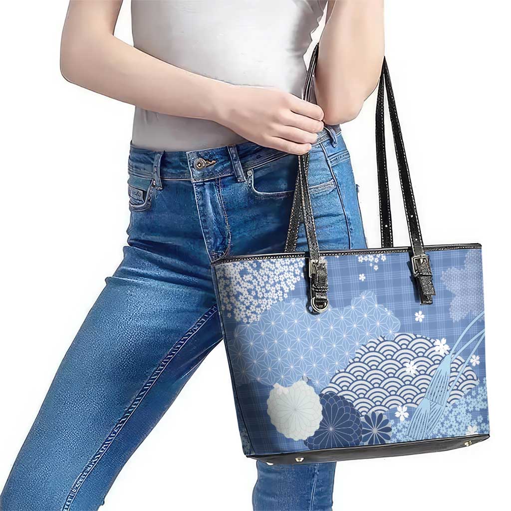Blue Palaka Japanese Patterns Leather Tote Bag Asanoha Seigaiha Sakura Motif - Polynesian Pride
