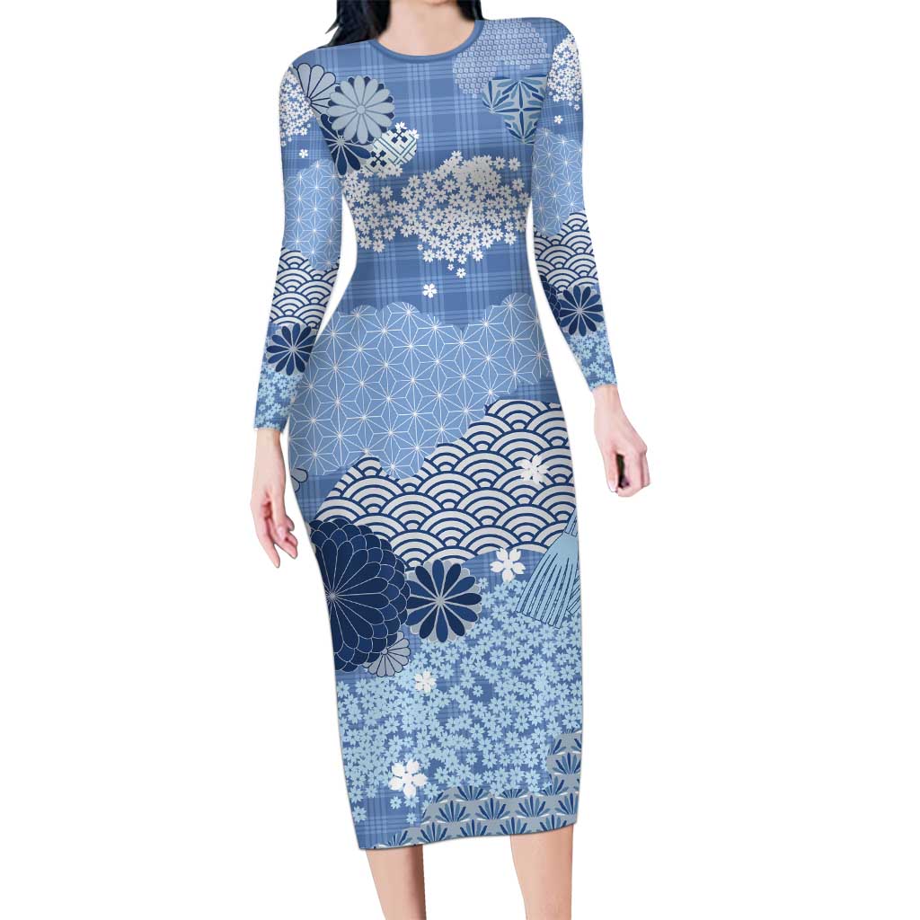 Blue Palaka Japanese Patterns Long Sleeve Bodycon Dress Asanoha Seigaiha Sakura Motif - Polynesian Pride
