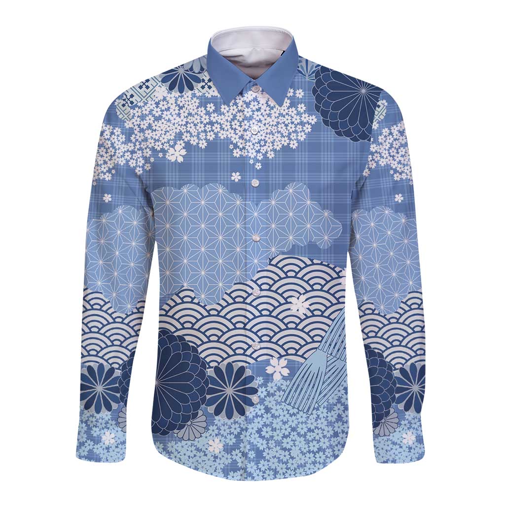 Blue Palaka Japanese Patterns Long Sleeve Button Shirt Asanoha Seigaiha Sakura Motif - Polynesian Pride