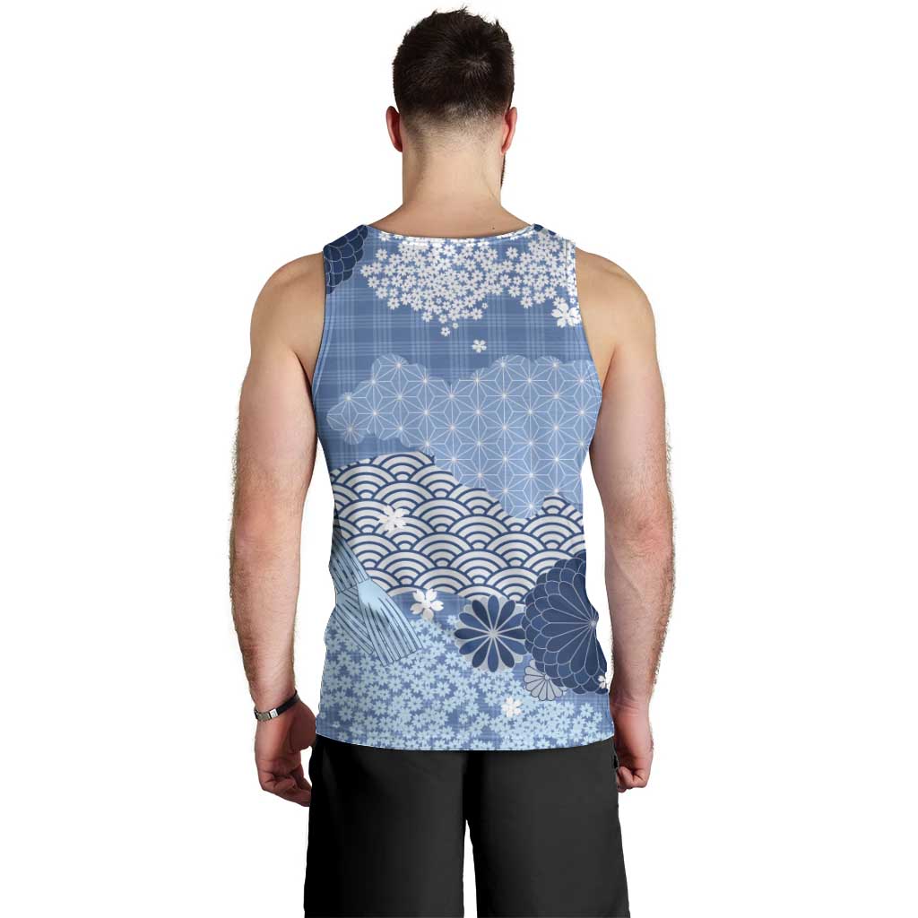 Blue Palaka Japanese Patterns Men Tank Top Asanoha Seigaiha Sakura Motif - Polynesian Pride