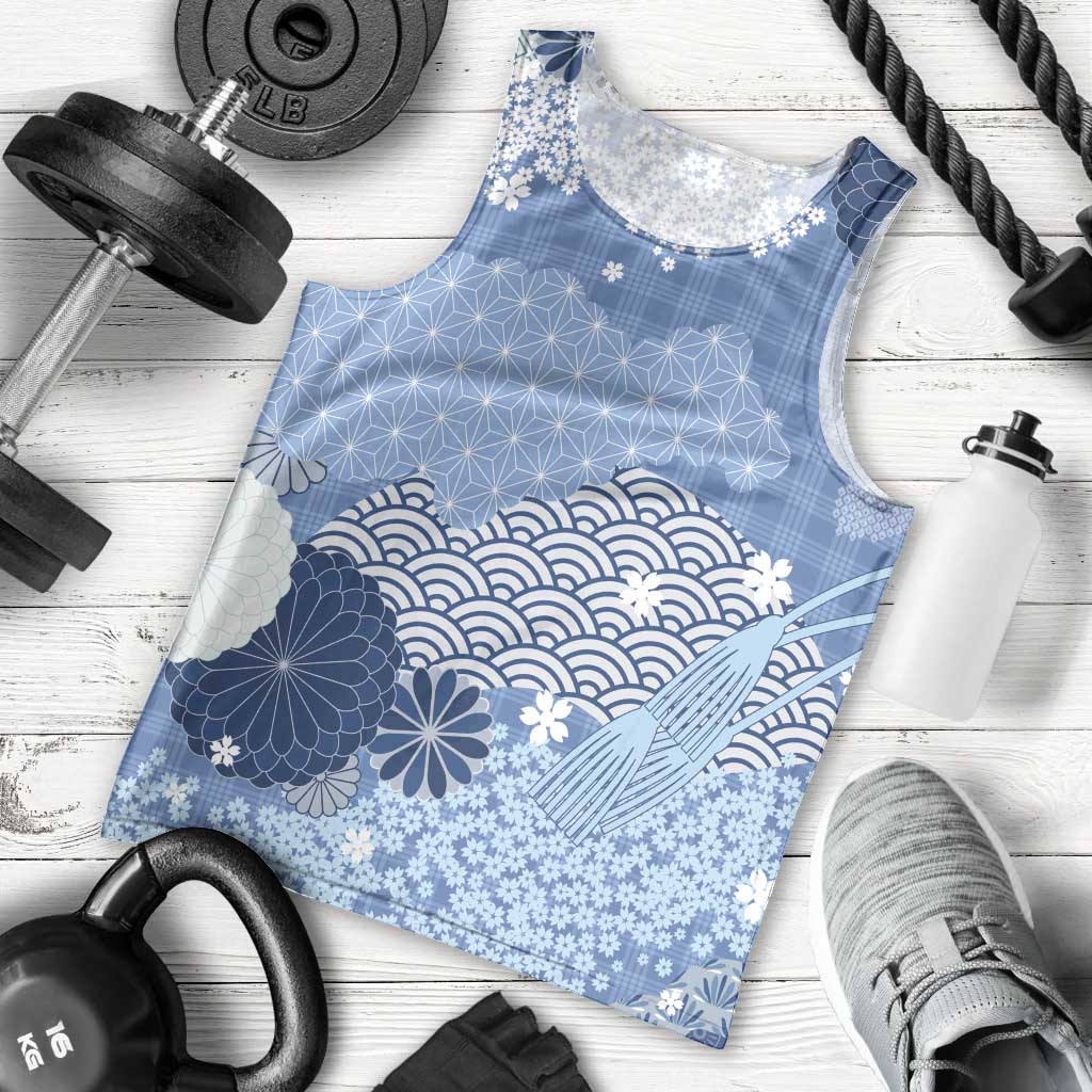 Blue Palaka Japanese Patterns Men Tank Top Asanoha Seigaiha Sakura Motif - Polynesian Pride
