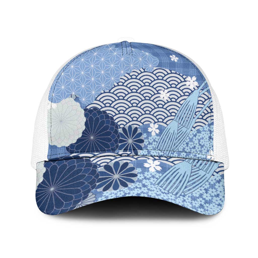 Blue Japanese Traditional Motifs Mesh Trucker Cap Palaka With Asanoha Seigaiha Sakura - Polynesian Pride