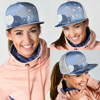 Blue Japanese Traditional Motifs Mesh Trucker Cap Palaka With Asanoha Seigaiha Sakura LT14
