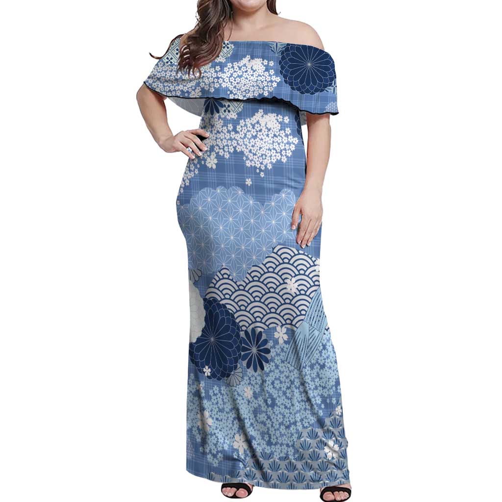 Blue Palaka Japanese Patterns Off Shoulder Maxi Dress Asanoha Seigaiha Sakura Motif - Polynesian Pride