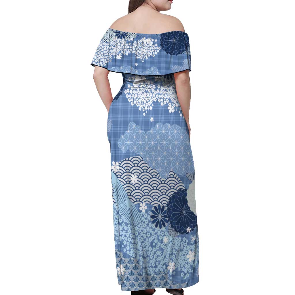 Blue Palaka Japanese Patterns Off Shoulder Maxi Dress Asanoha Seigaiha Sakura Motif - Polynesian Pride