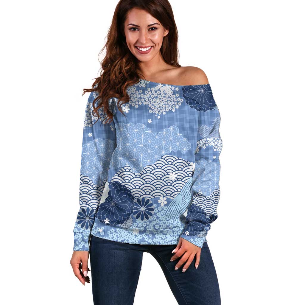 Blue Palaka Japanese Patterns Off Shoulder Sweater Asanoha Seigaiha Sakura Motif - Polynesian Pride