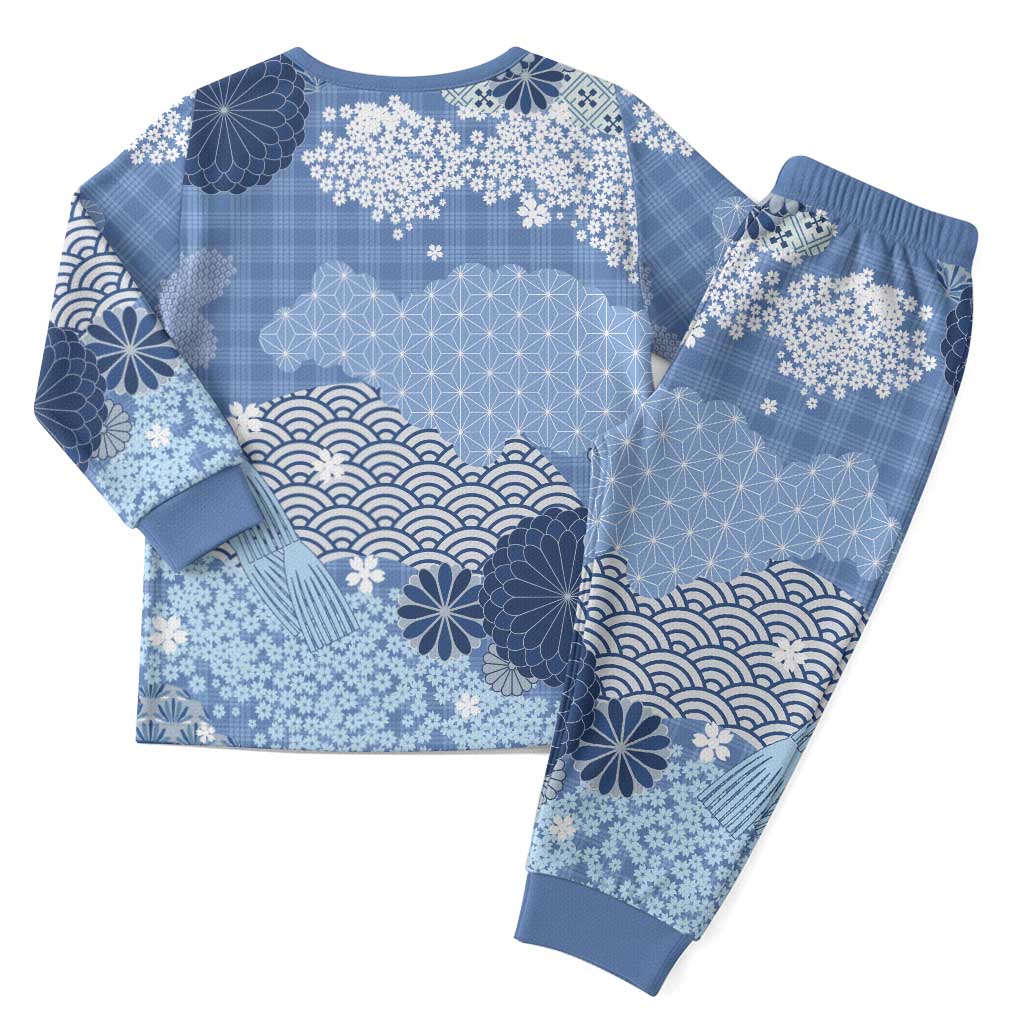 Blue Palaka Japanese Patterns Christmas Pajama Set Asanoha Seigaiha Sakura Motif - Polynesian Pride