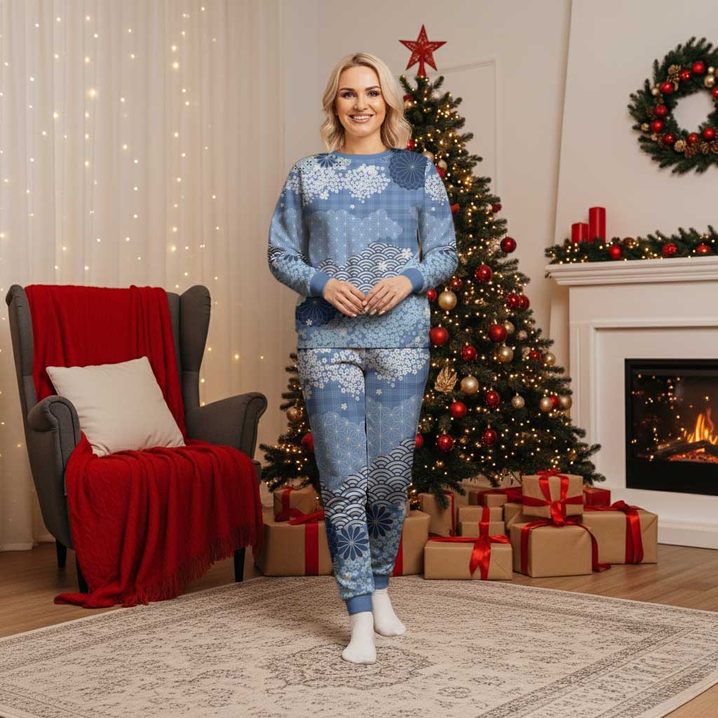 Blue Palaka Japanese Patterns Christmas Pajama Set Asanoha Seigaiha Sakura Motif - Polynesian Pride