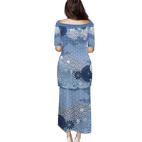 Blue Palaka Japanese Patterns Puletasi Asanoha Seigaiha Sakura Motif - Polynesian Pride