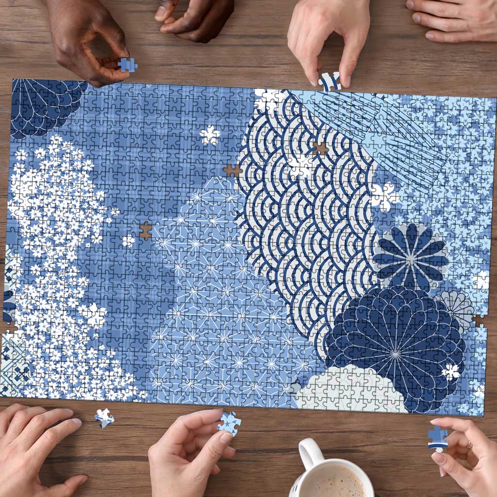Blue Palaka Japanese Patterns Puzzle Asanoha Seigaiha Sakura Motif - Polynesian Pride