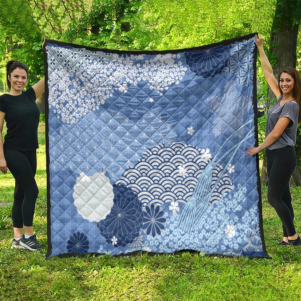 Blue Palaka Japanese Patterns Quilt Asanoha Seigaiha Sakura Motif - Polynesian Pride
