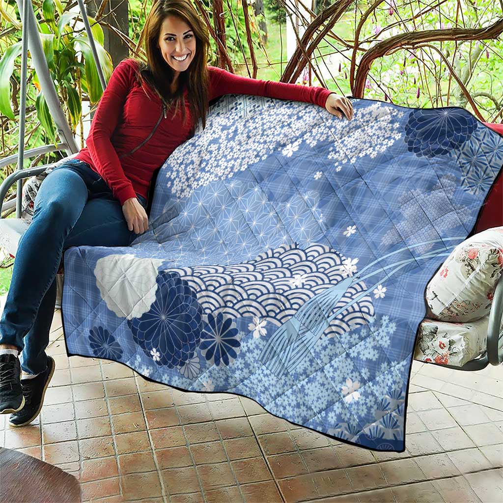Blue Palaka Japanese Patterns Quilt Asanoha Seigaiha Sakura Motif - Polynesian Pride