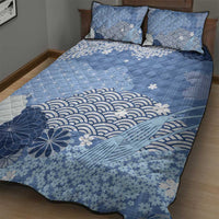 Blue Palaka Japanese Patterns Quilt Bed Set Asanoha Seigaiha Sakura Motif - Polynesian Pride