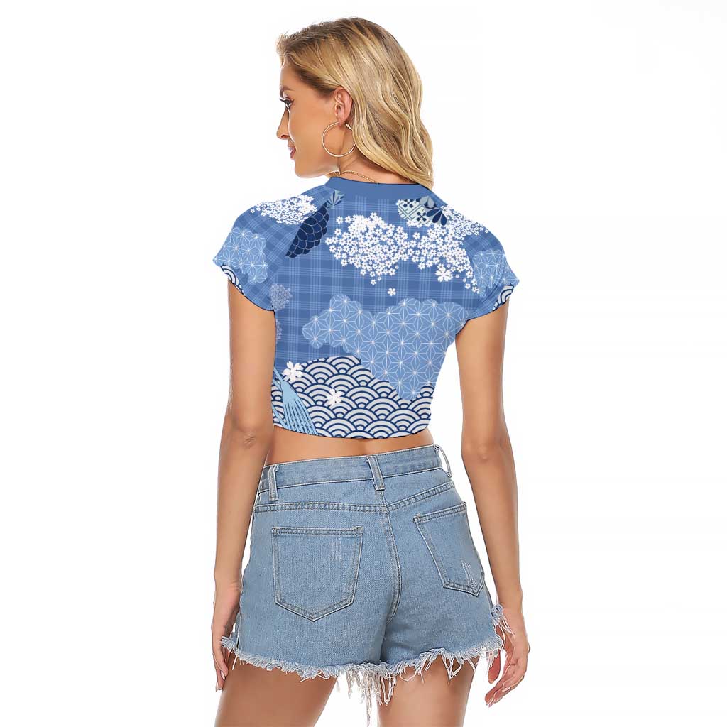 Blue Palaka Japanese Patterns Raglan Cropped T Shirt Asanoha Seigaiha Sakura Motif - Polynesian Pride