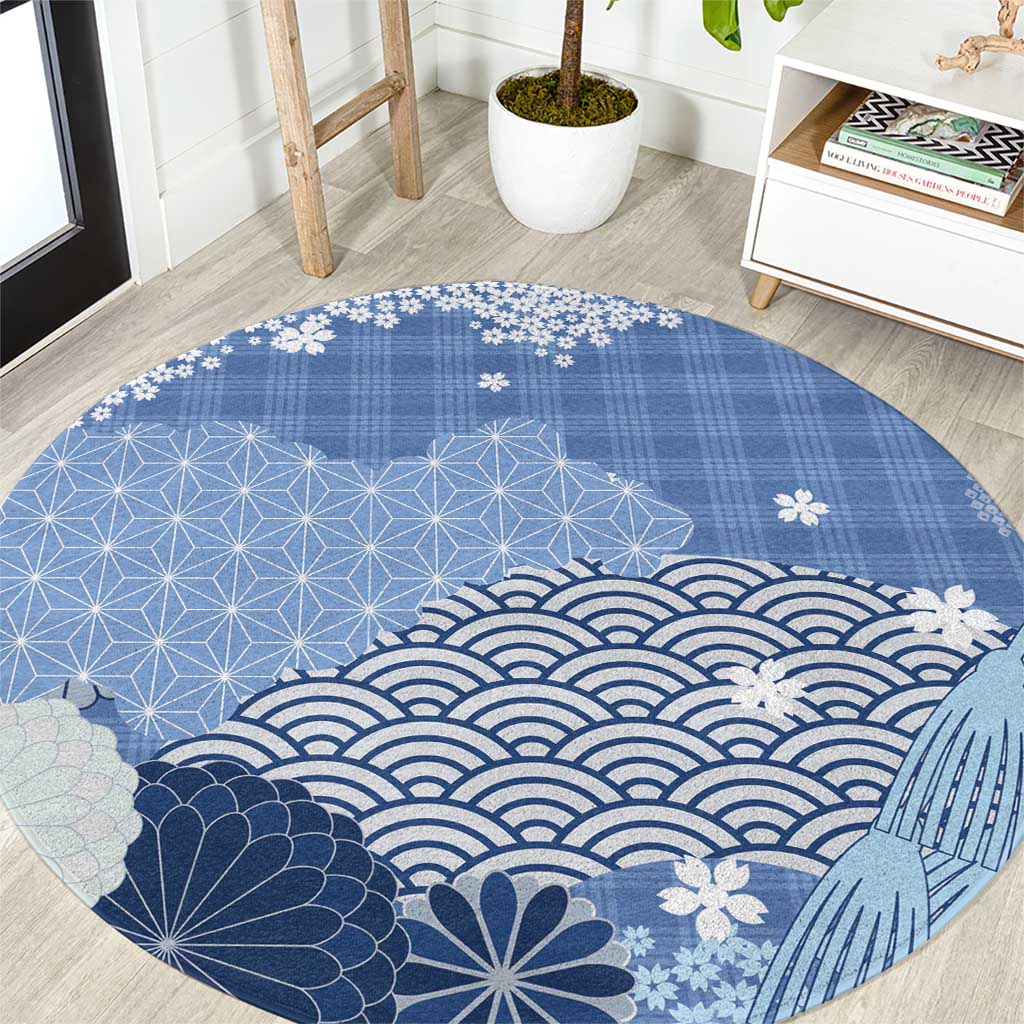 Blue Palaka Japanese Patterns Round Carpet Asanoha Seigaiha Sakura Motif - Polynesian Pride