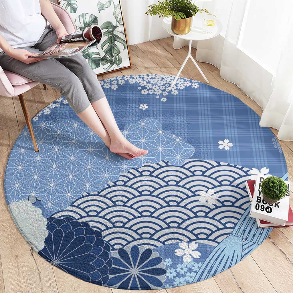 Blue Palaka Japanese Patterns Round Carpet Asanoha Seigaiha Sakura Motif - Polynesian Pride