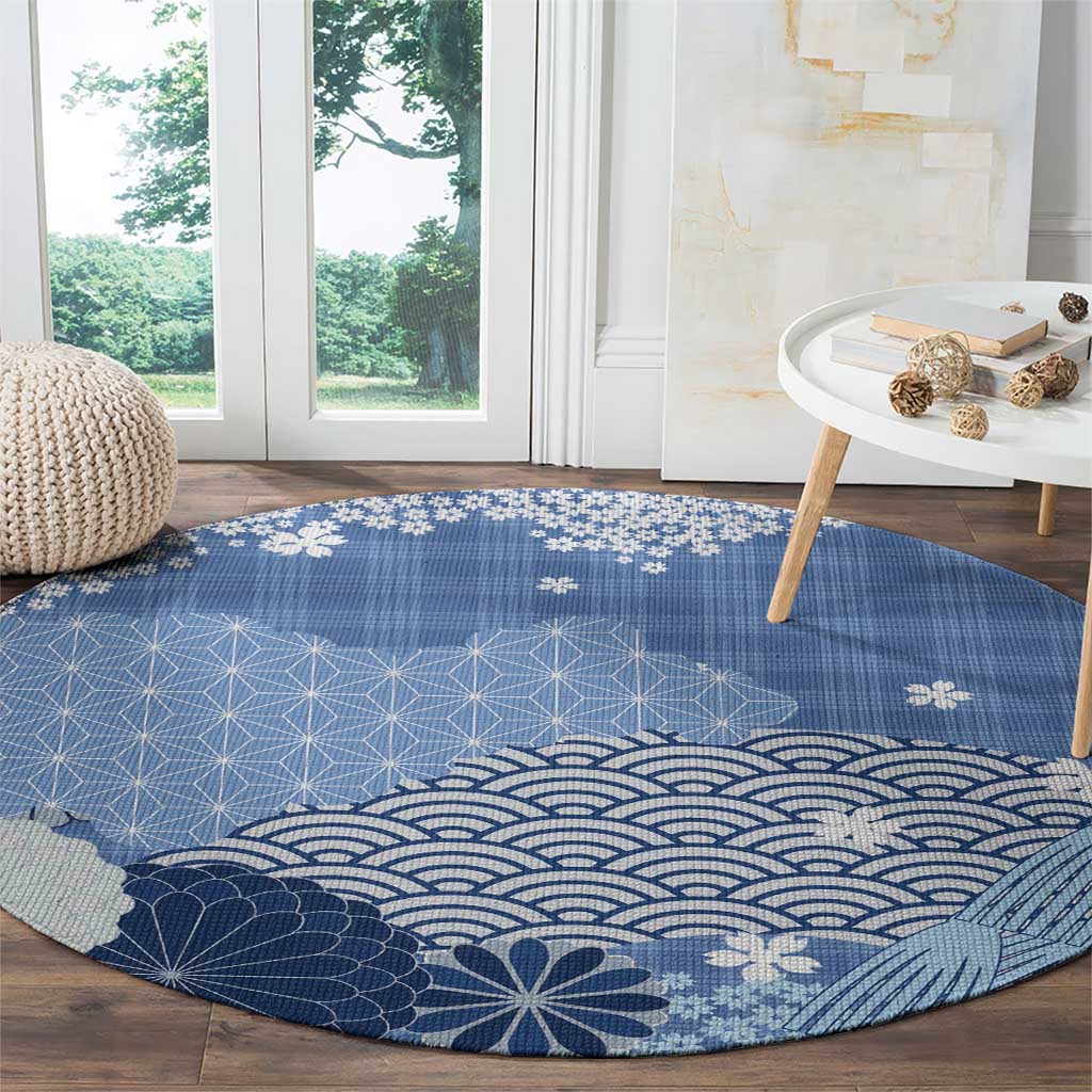 Blue Palaka Japanese Patterns Round Carpet Asanoha Seigaiha Sakura Motif - Polynesian Pride