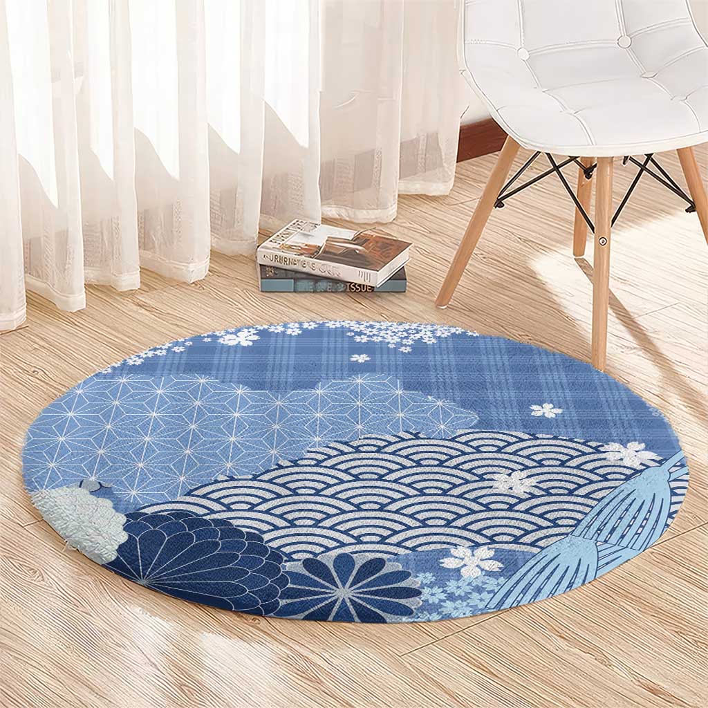 Blue Palaka Japanese Patterns Round Carpet Asanoha Seigaiha Sakura Motif - Polynesian Pride