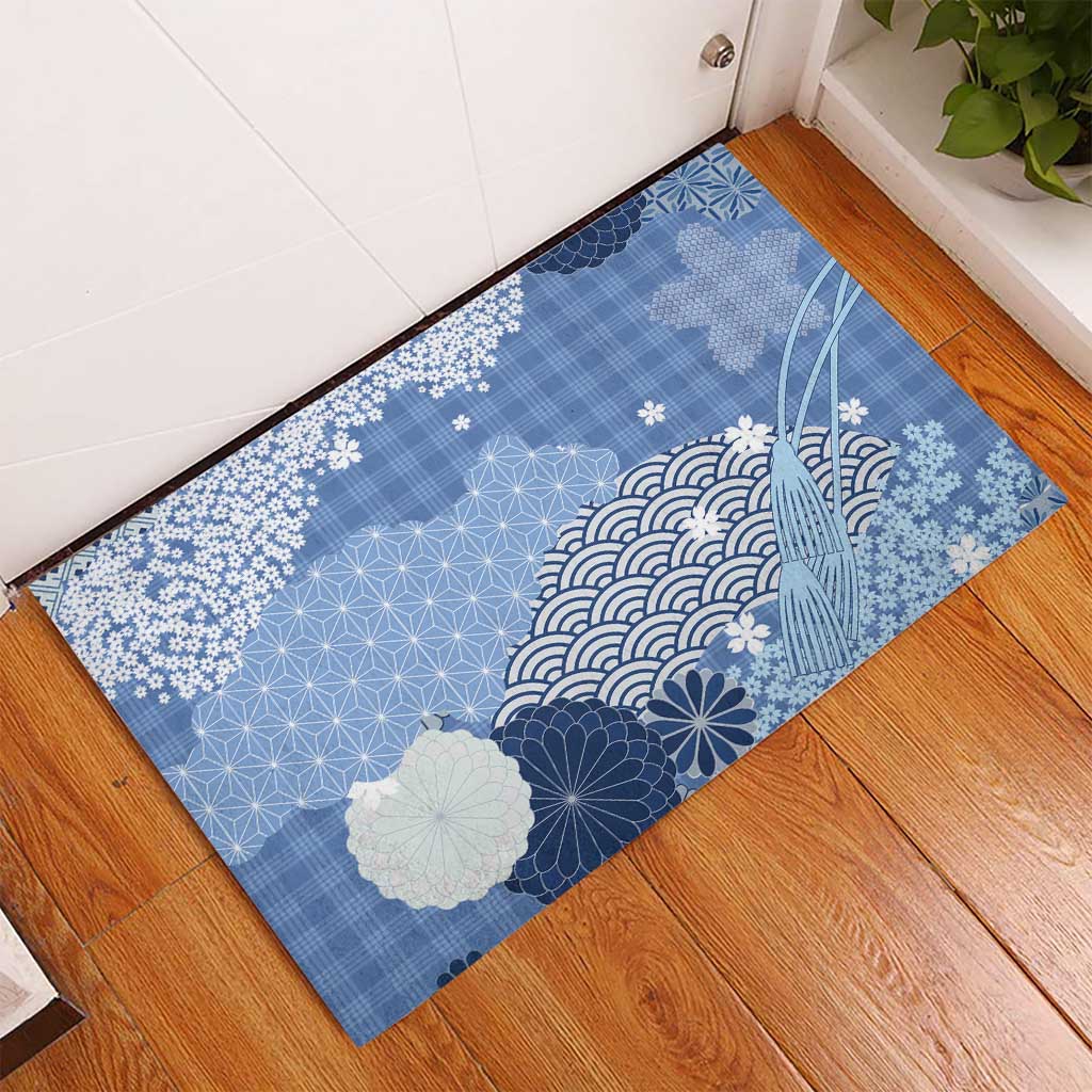 Blue Palaka Japanese Patterns Rubber Doormat Asanoha Seigaiha Sakura Motif - Polynesian Pride