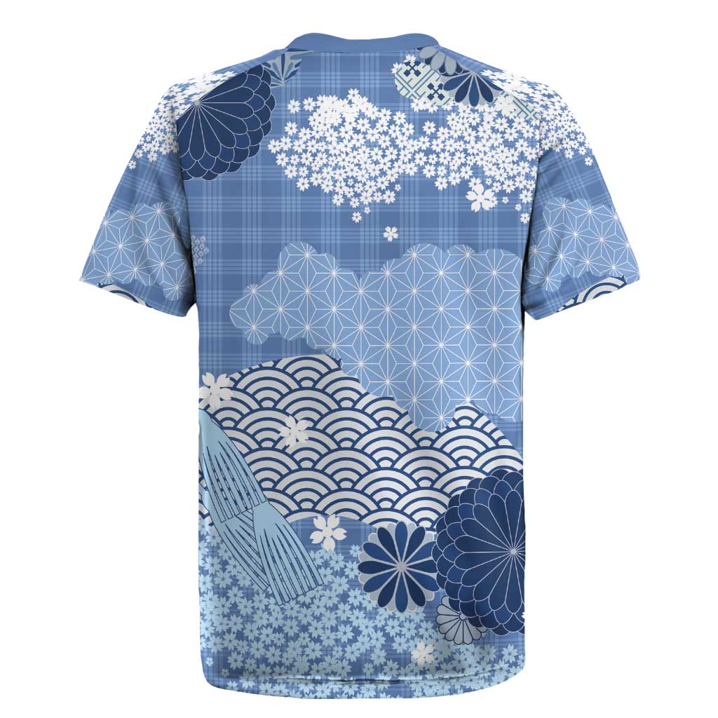 Blue Palaka Japanese Patterns Rugby Jersey Asanoha Seigaiha Sakura Motif - Polynesian Pride