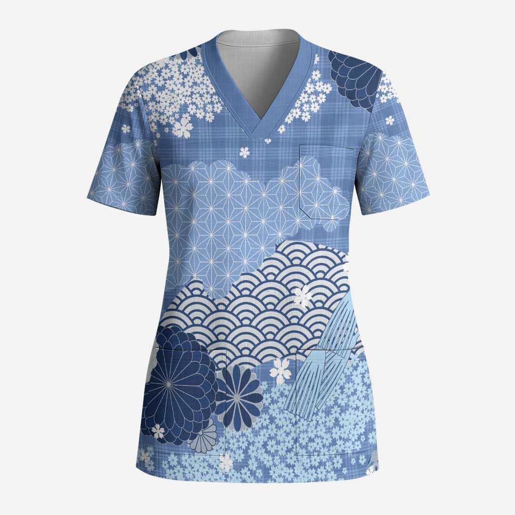 Blue Palaka Japanese Patterns Scrub Top Asanoha Seigaiha Sakura Motif - Polynesian Pride