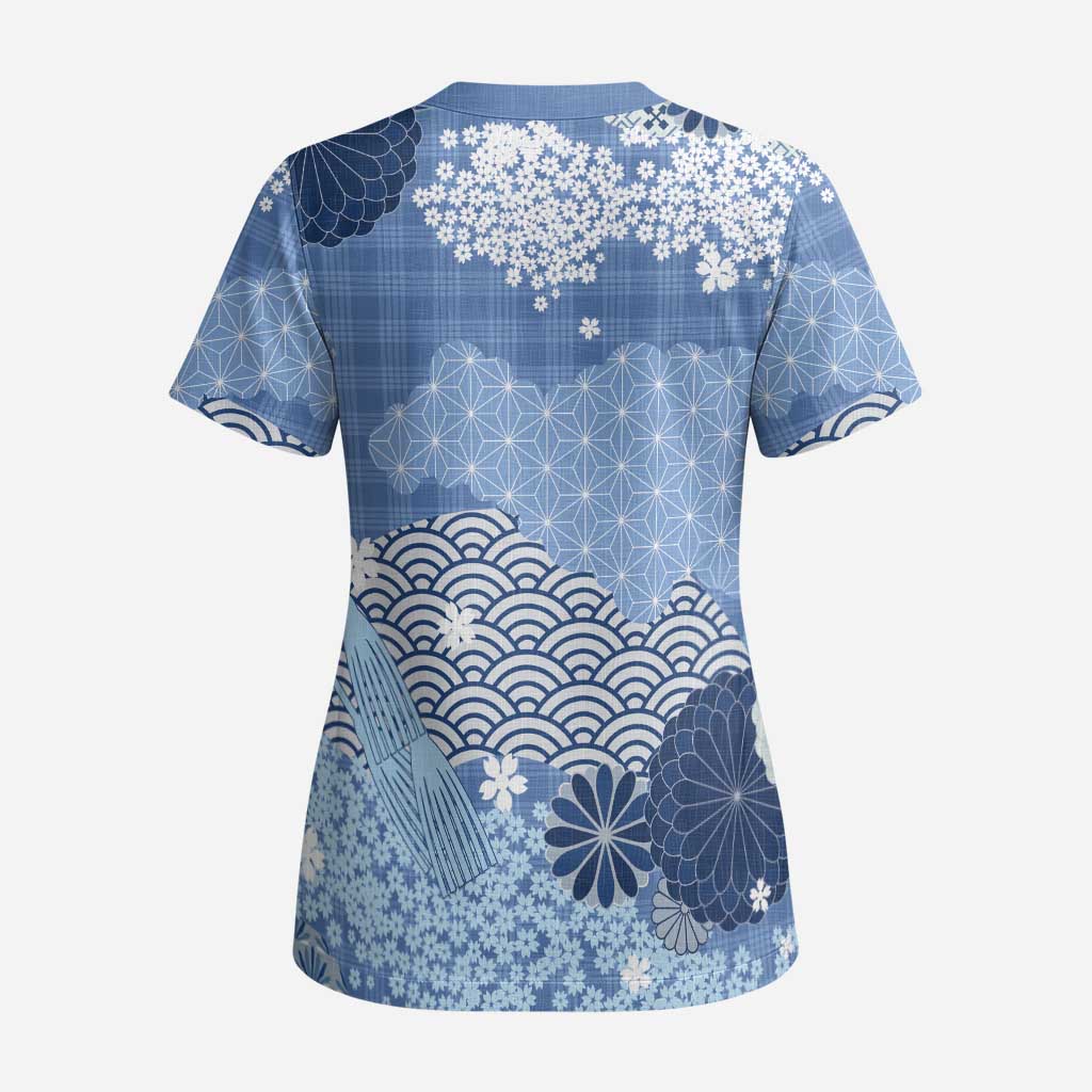 Blue Palaka Japanese Patterns Scrub Top Asanoha Seigaiha Sakura Motif - Polynesian Pride