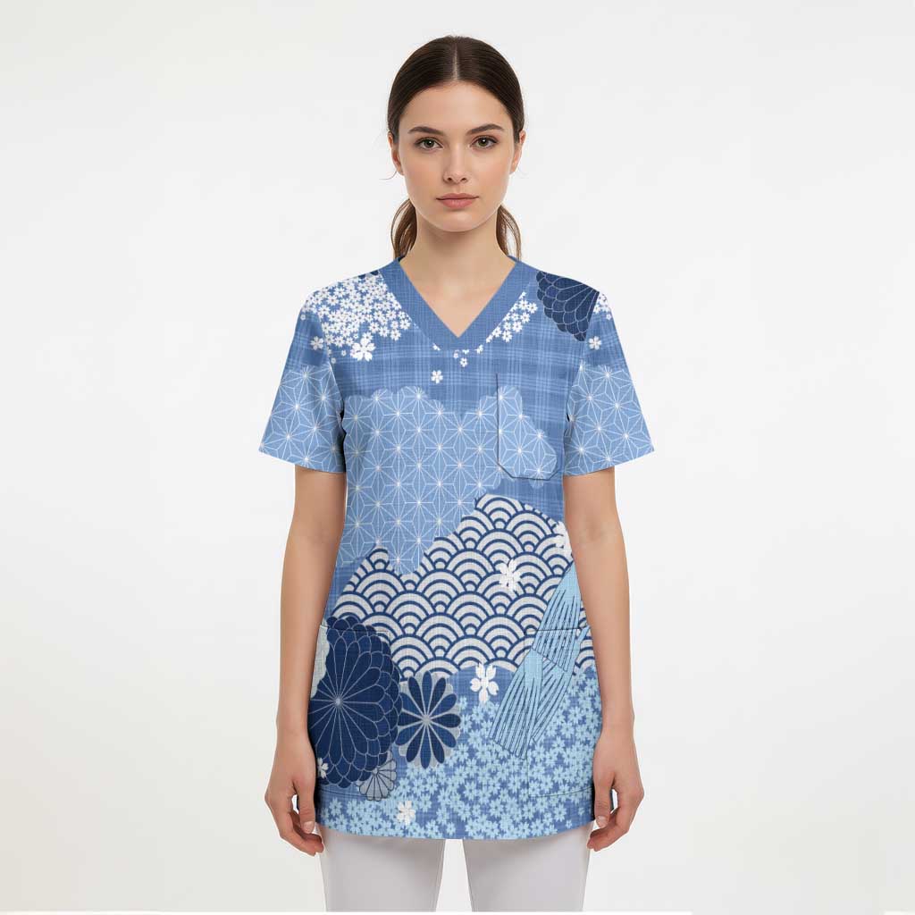 Blue Palaka Japanese Patterns Scrub Top Asanoha Seigaiha Sakura Motif - Polynesian Pride