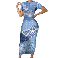 Blue Palaka Japanese Patterns Short Sleeve Bodycon Dress Asanoha Seigaiha Sakura Motif - Polynesian Pride