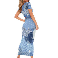Blue Palaka Japanese Patterns Short Sleeve Bodycon Dress Asanoha Seigaiha Sakura Motif - Polynesian Pride