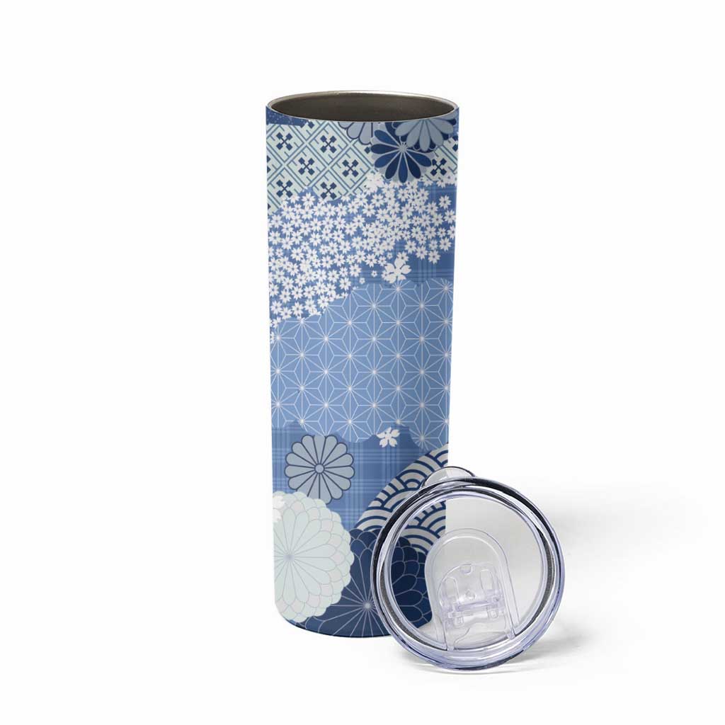 Blue Palaka Japanese Patterns Skinny Tumbler Asanoha Seigaiha Sakura Motif - Polynesian Pride