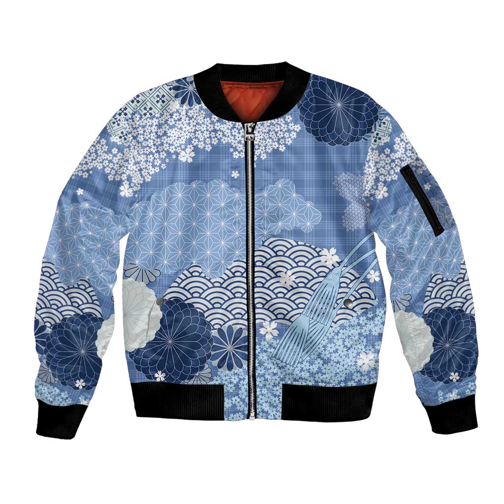 Blue Palaka Japanese Patterns Sleeve Zip Bomber Jacket Asanoha Seigaiha Sakura Motif - Polynesian Pride