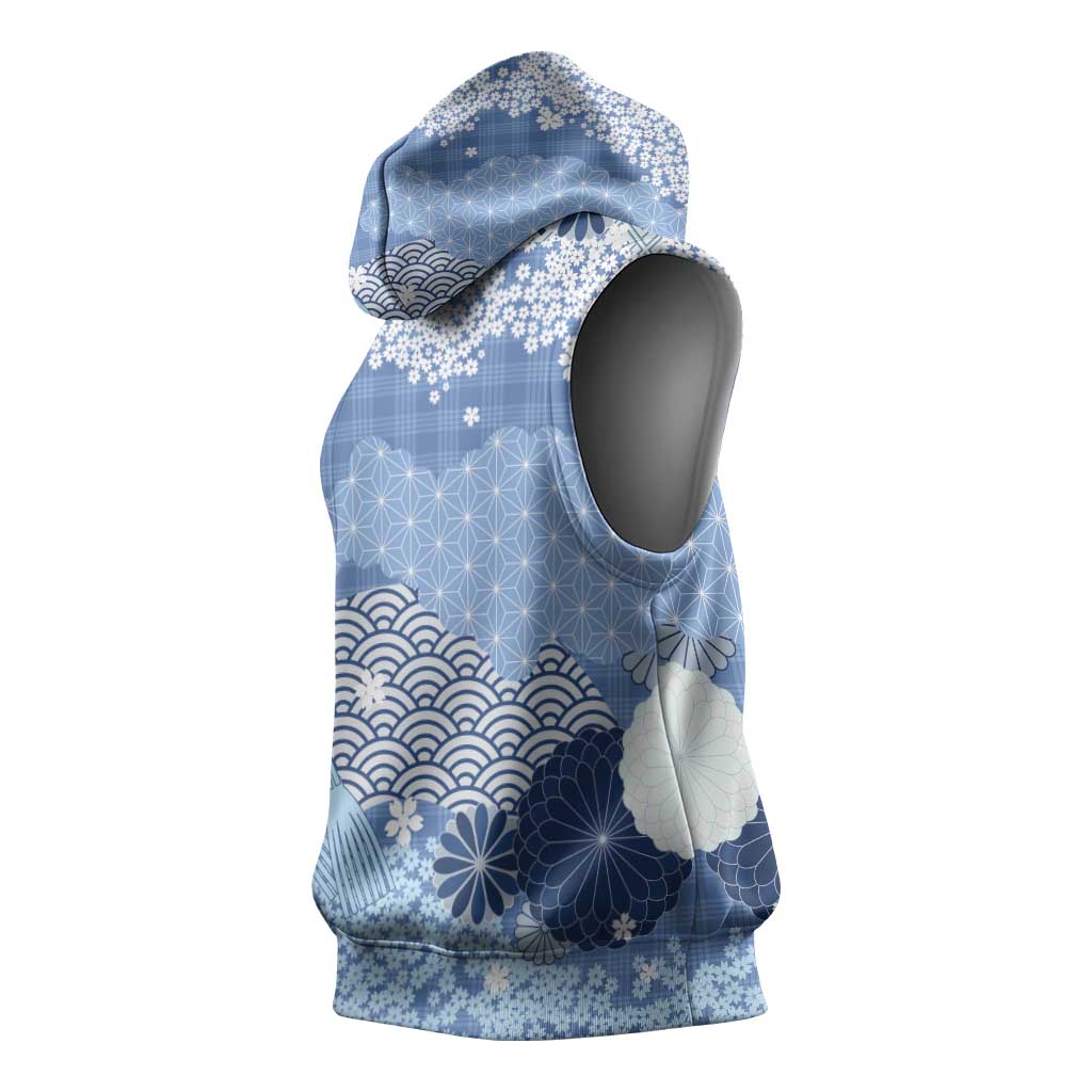 Blue Palaka Japanese Patterns Sleeveless Hoodie Asanoha Seigaiha Sakura Motif - Polynesian Pride
