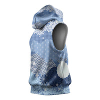 Blue Palaka Japanese Patterns Sleeveless Hoodie Asanoha Seigaiha Sakura Motif - Polynesian Pride