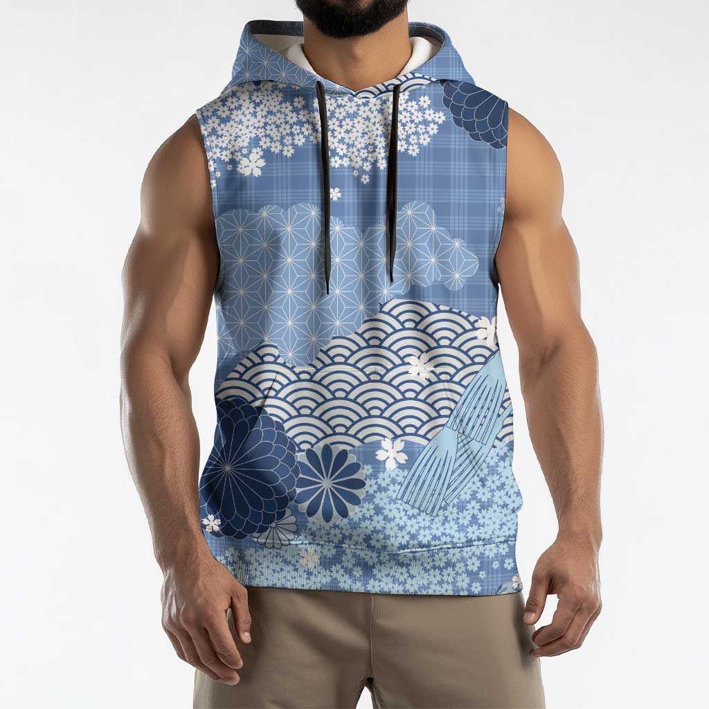 Blue Palaka Japanese Patterns Sleeveless Hoodie Asanoha Seigaiha Sakura Motif - Polynesian Pride