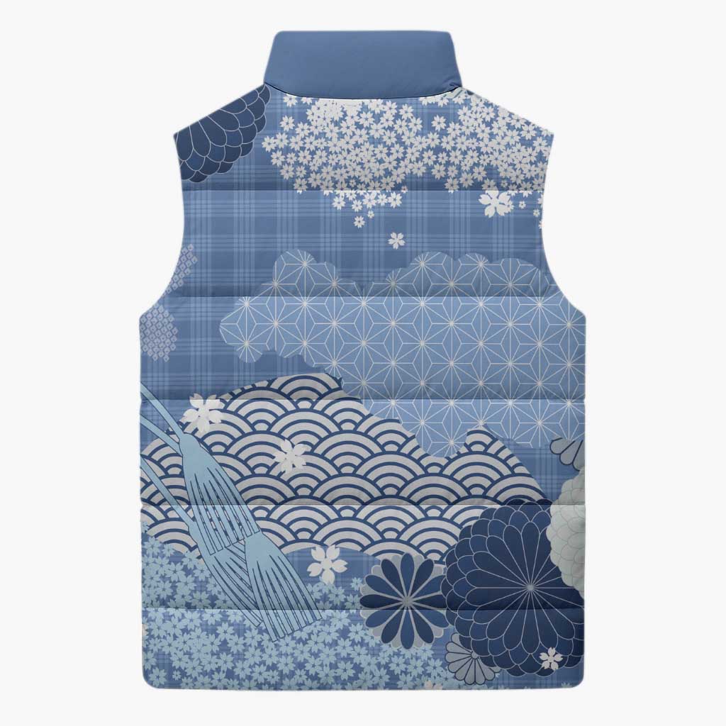 Blue Palaka Japanese Patterns Sleeveless Puffer Jacket Asanoha Seigaiha Sakura Motif - Polynesian Pride