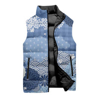 Blue Palaka Japanese Patterns Sleeveless Puffer Jacket Asanoha Seigaiha Sakura Motif - Polynesian Pride