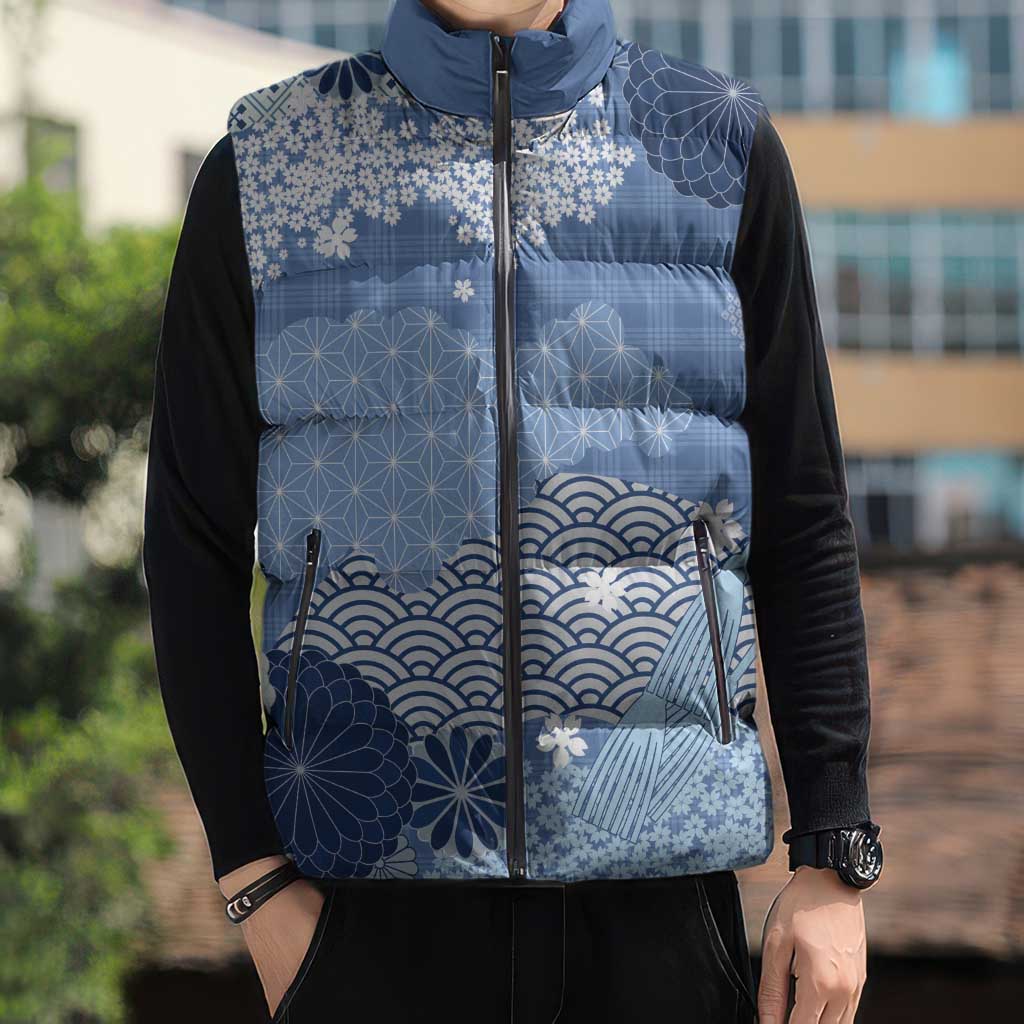 Blue Palaka Japanese Patterns Sleeveless Puffer Jacket Asanoha Seigaiha Sakura Motif - Polynesian Pride
