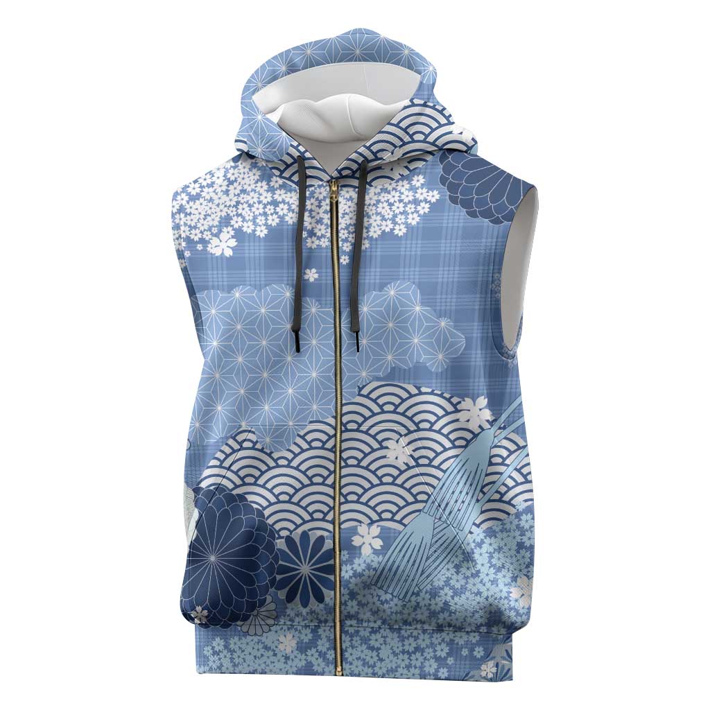 Blue Palaka Japanese Patterns Sleeveless Zip Hoodie Asanoha Seigaiha Sakura Motif - Polynesian Pride